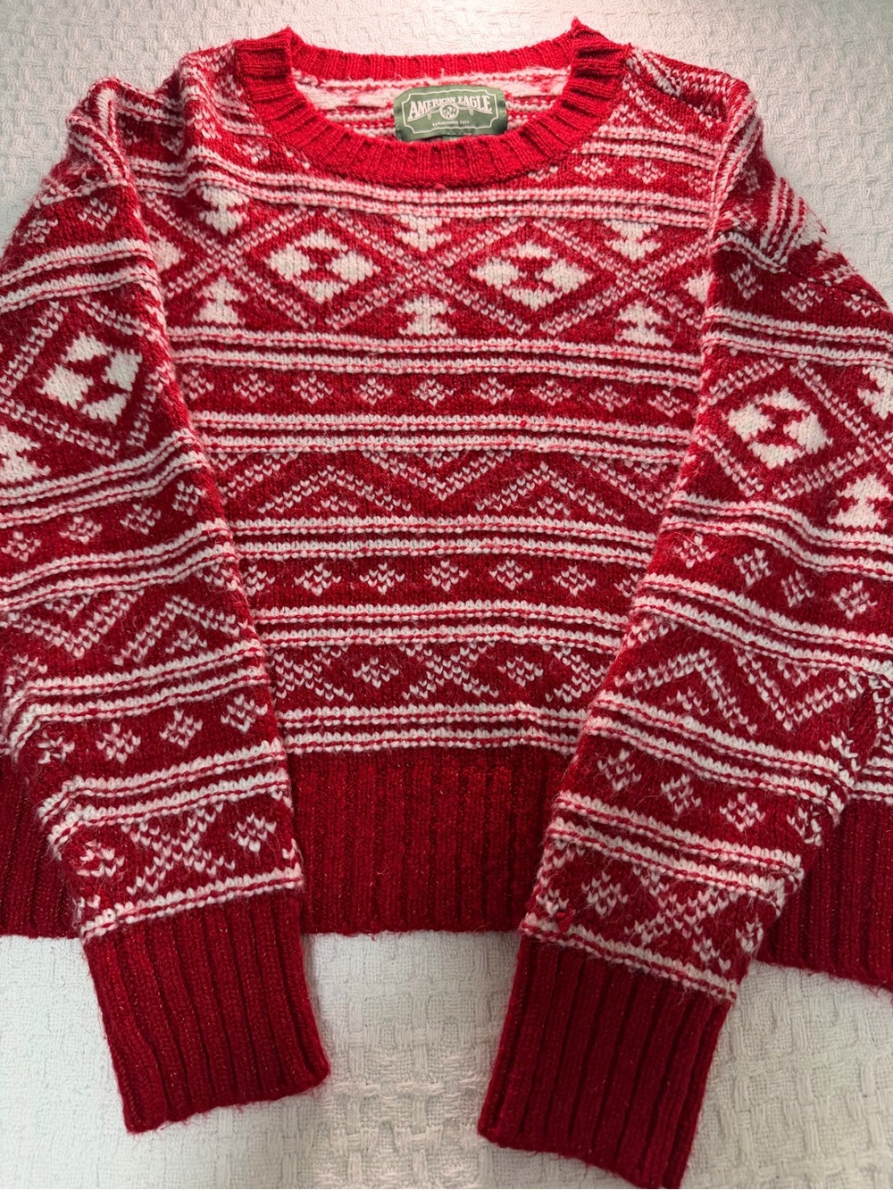 American Eagle Outfitters Red & White Fair Isle Crew Sweater